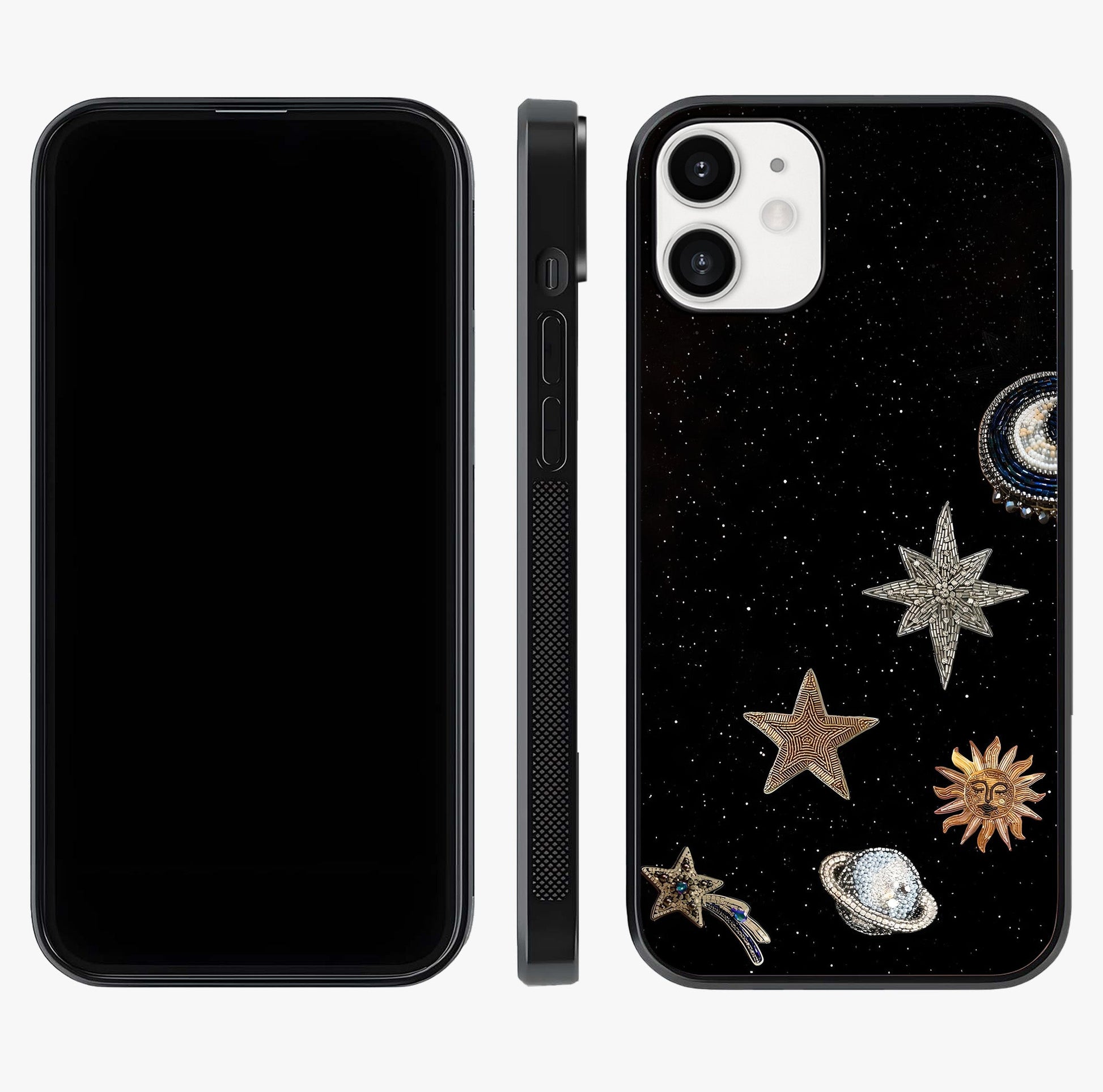 Galactic Charm Glow Glass Case displayed upright for full design visibility and premium finish.