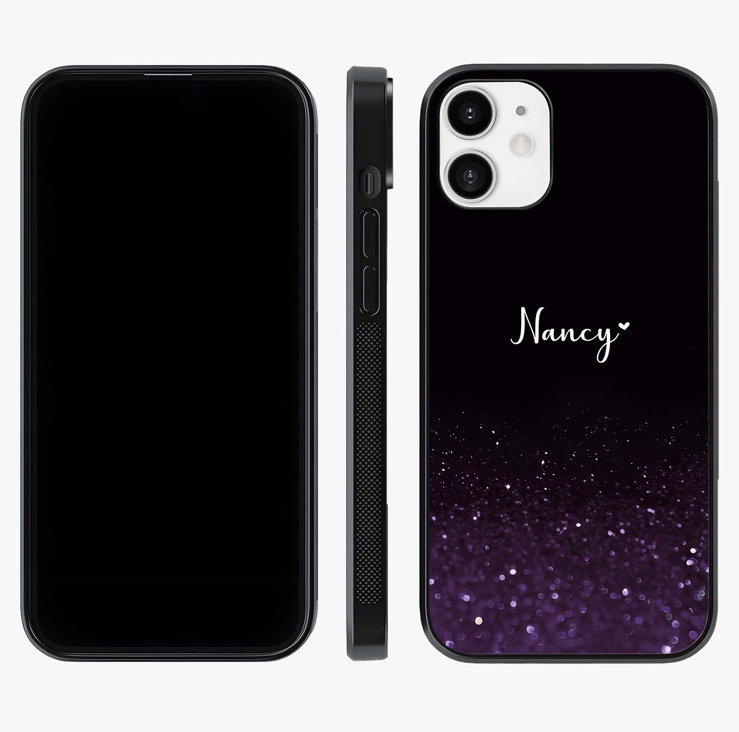 Glittery Purple Bokeh Custom Name Glass Case displayed upright for full design visibility and premium finish.