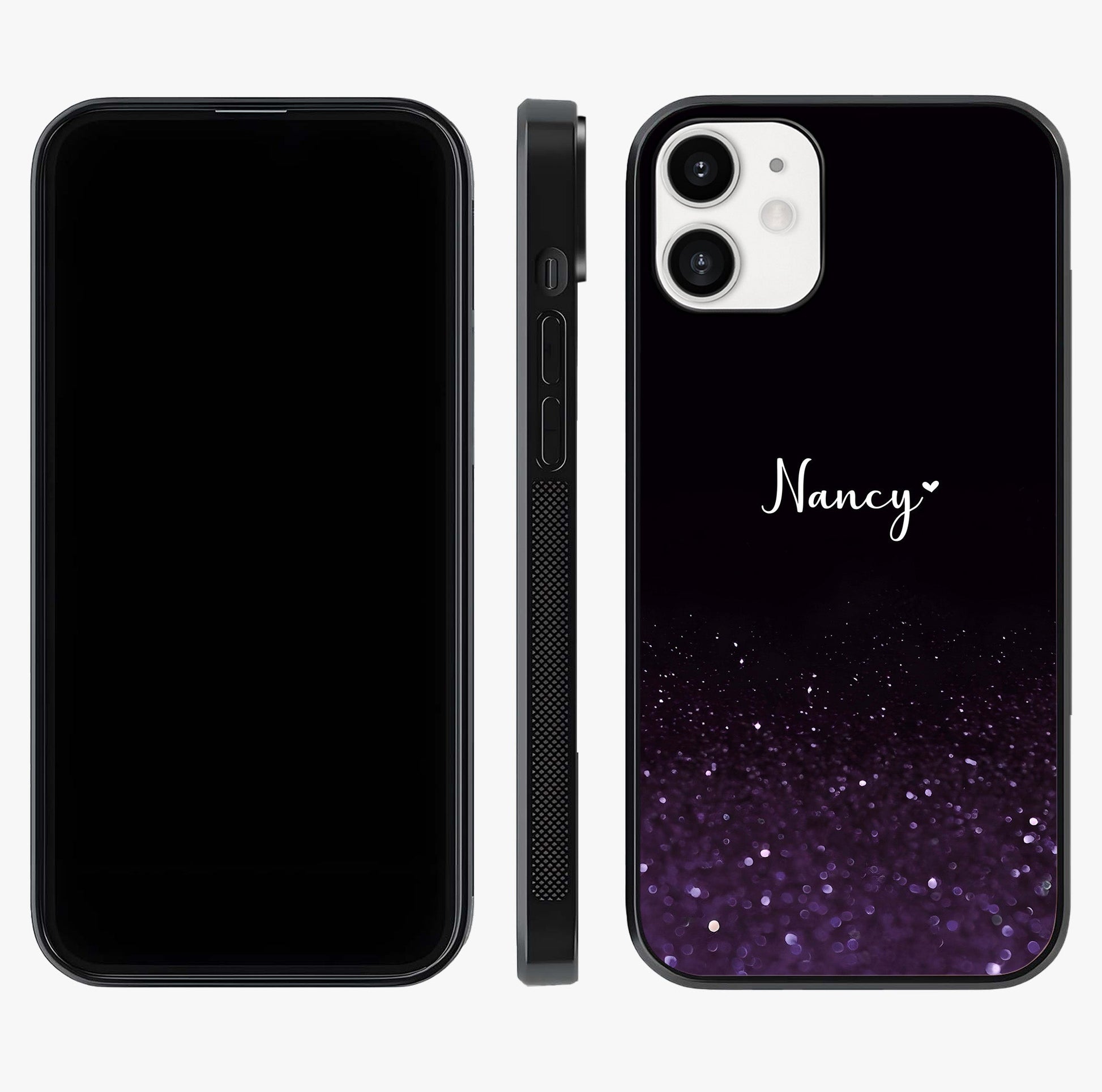 Glittery Purple Bokeh Custom Name Glass Case displayed upright for full design visibility and premium finish.