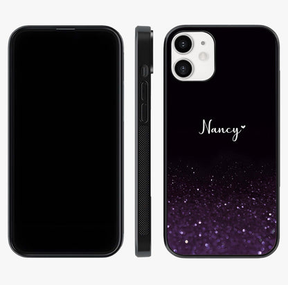Glittery Purple Bokeh Custom Name Glass Case displayed upright for full design visibility and premium finish.