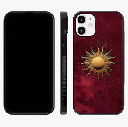 Gold Sun Blush Glass Case displayed upright for full design visibility and premium finish.