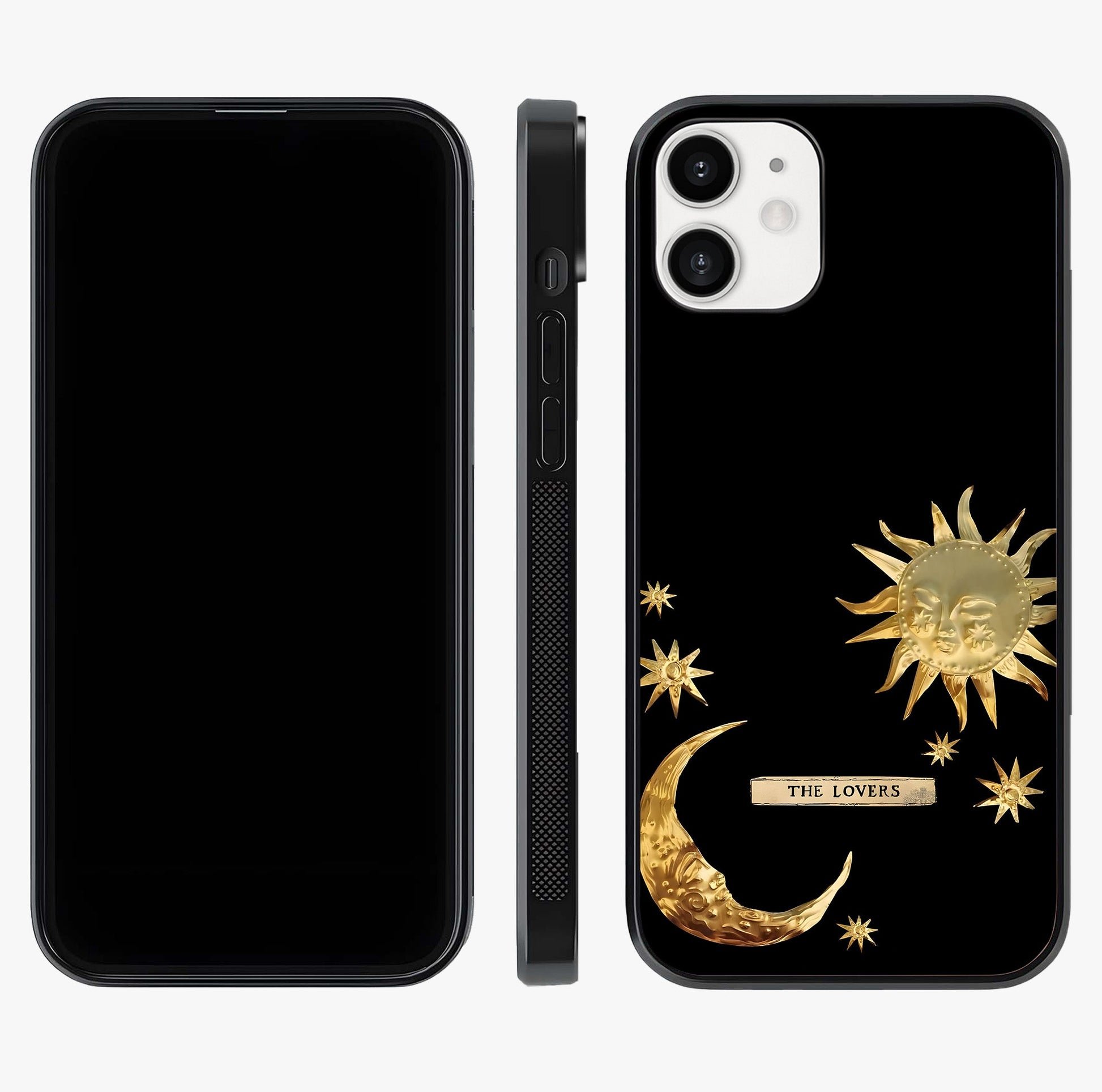Golden Celestial Charm Glass Case displayed upright for full design visibility and premium finish.