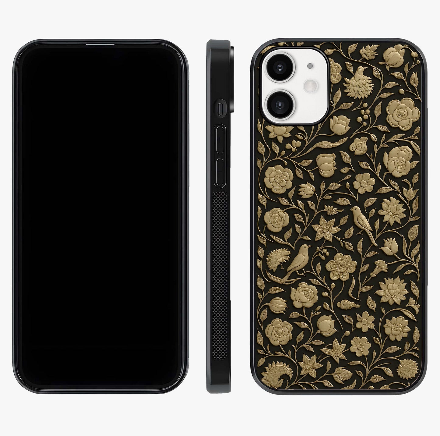 Golden Floral Majesty Glass Case displayed upright for full design visibility and premium finish.