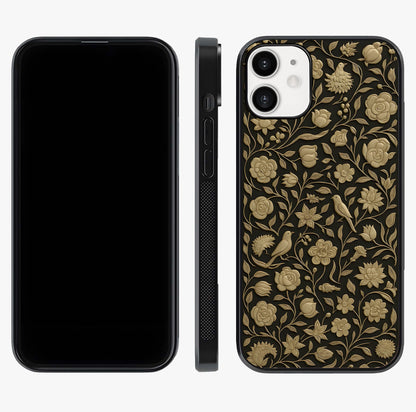 Golden Floral Majesty Glass Case displayed upright for full design visibility and premium finish.