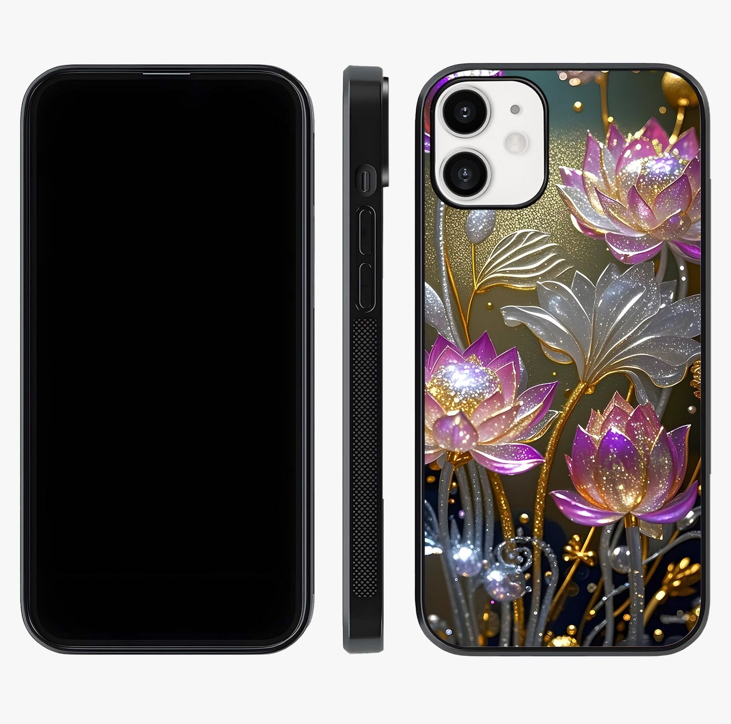Golden Lotus Glow Glass Case displayed upright for full design visibility and premium finish.