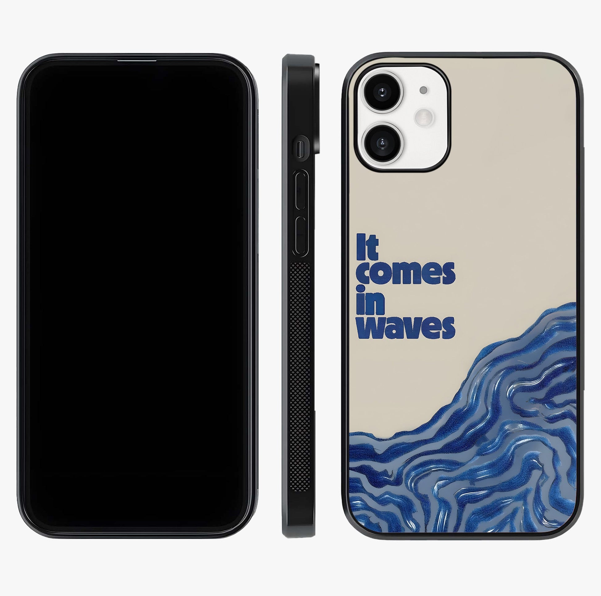 It Comes In Waves Quote Glass Case displayed upright for full design visibility and premium finish.