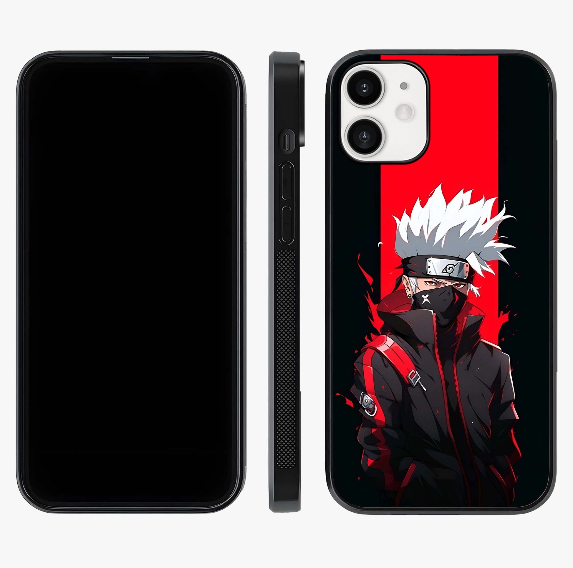 Kakashi Scarlet Shadow Glass Case displayed upright for full design visibility and premium finish.