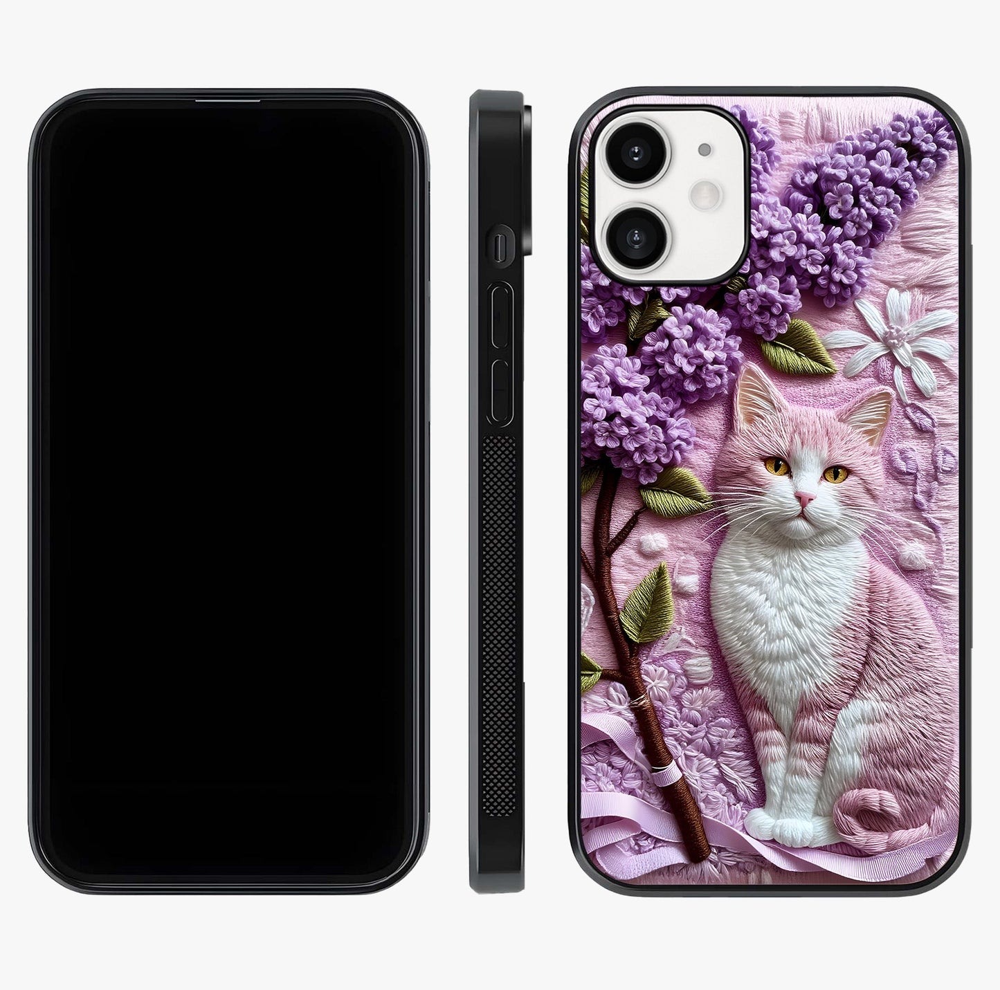 Lavender Cat Whimsy Glass Case displayed upright for full design visibility and premium finish.