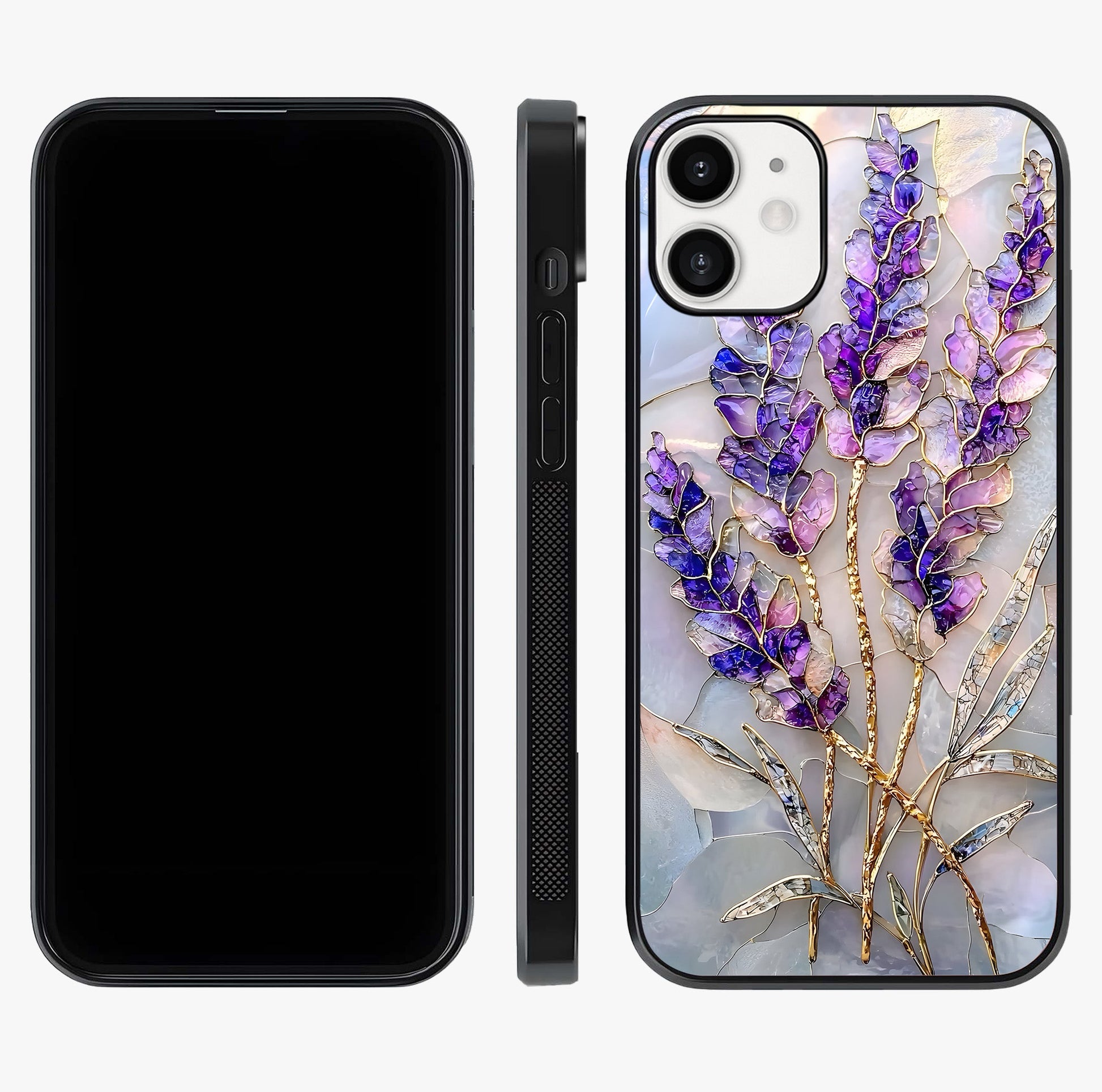 Lavender Dream Glow Glass Case displayed upright for full design visibility and premium finish.