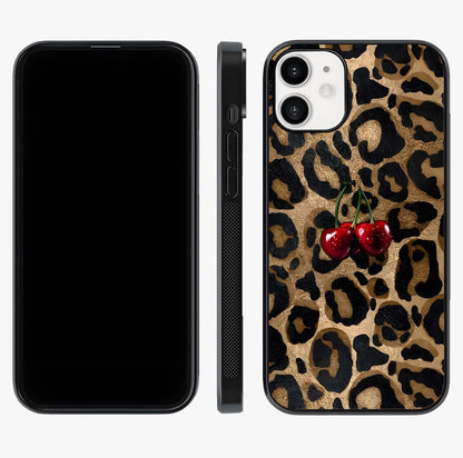 Leopard Wild Cherry Glass Case displayed upright for full design visibility and premium finish.