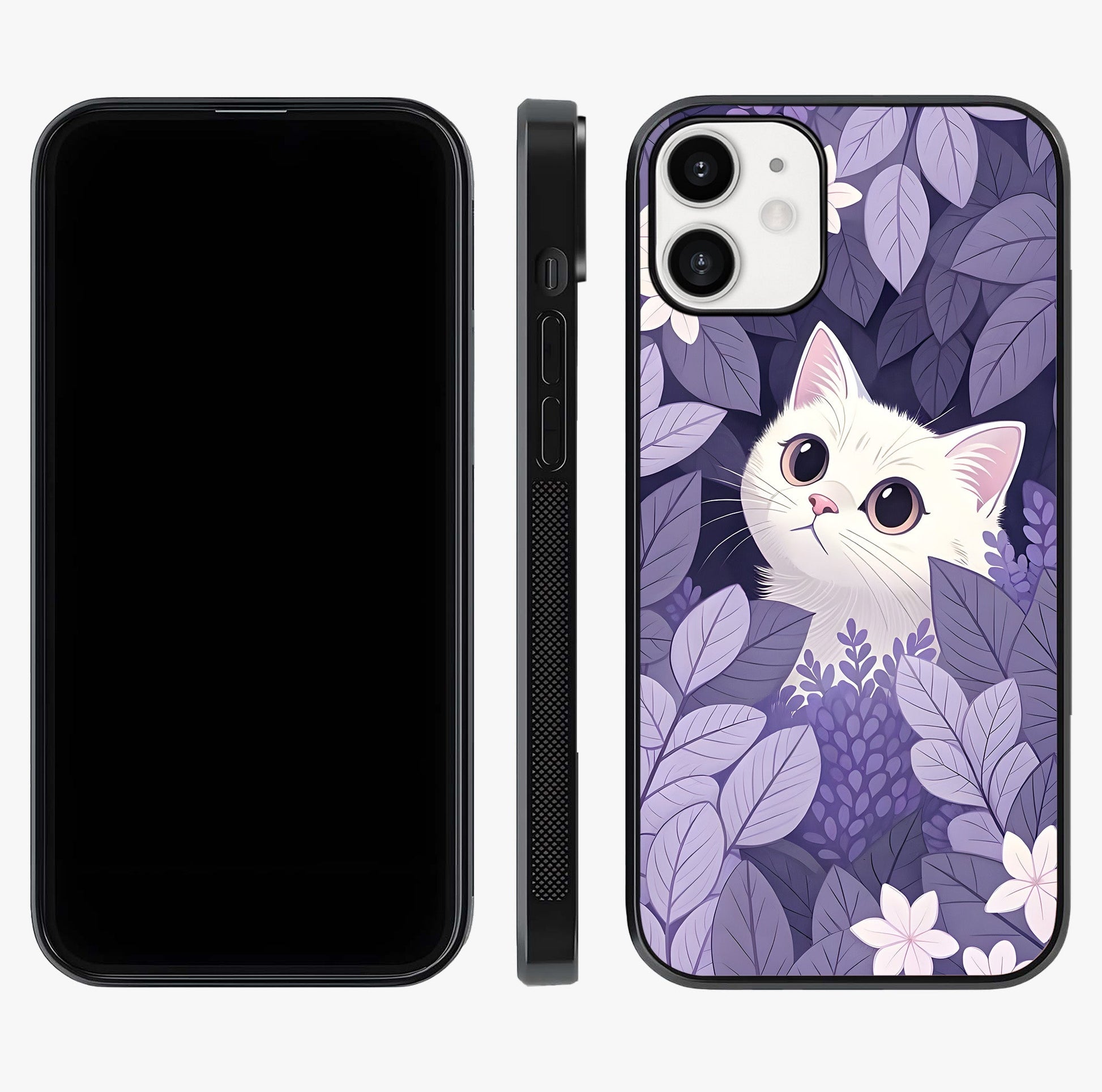 Lilac Hide Peek Cat Glass Case displayed upright for full design visibility and premium finish.