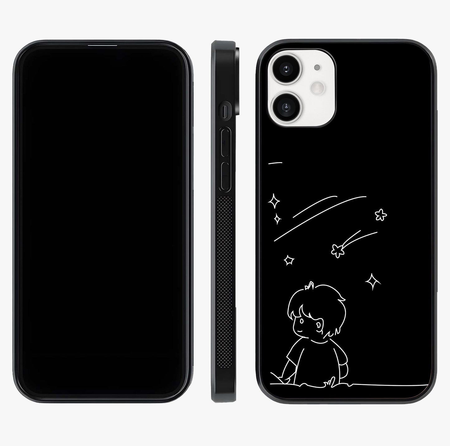 Line Art Boy With Shooting Stars Glass Case displayed upright for full design visibility and premium finish.