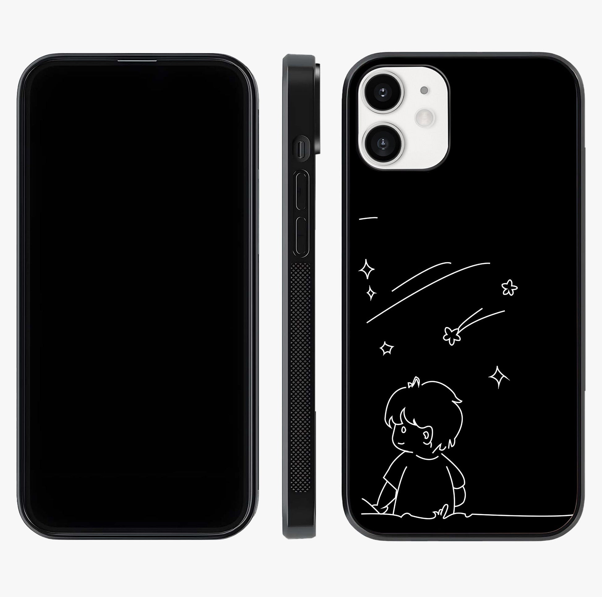 Line Art Boy With Shooting Stars Glass Case displayed upright for full design visibility and premium finish.