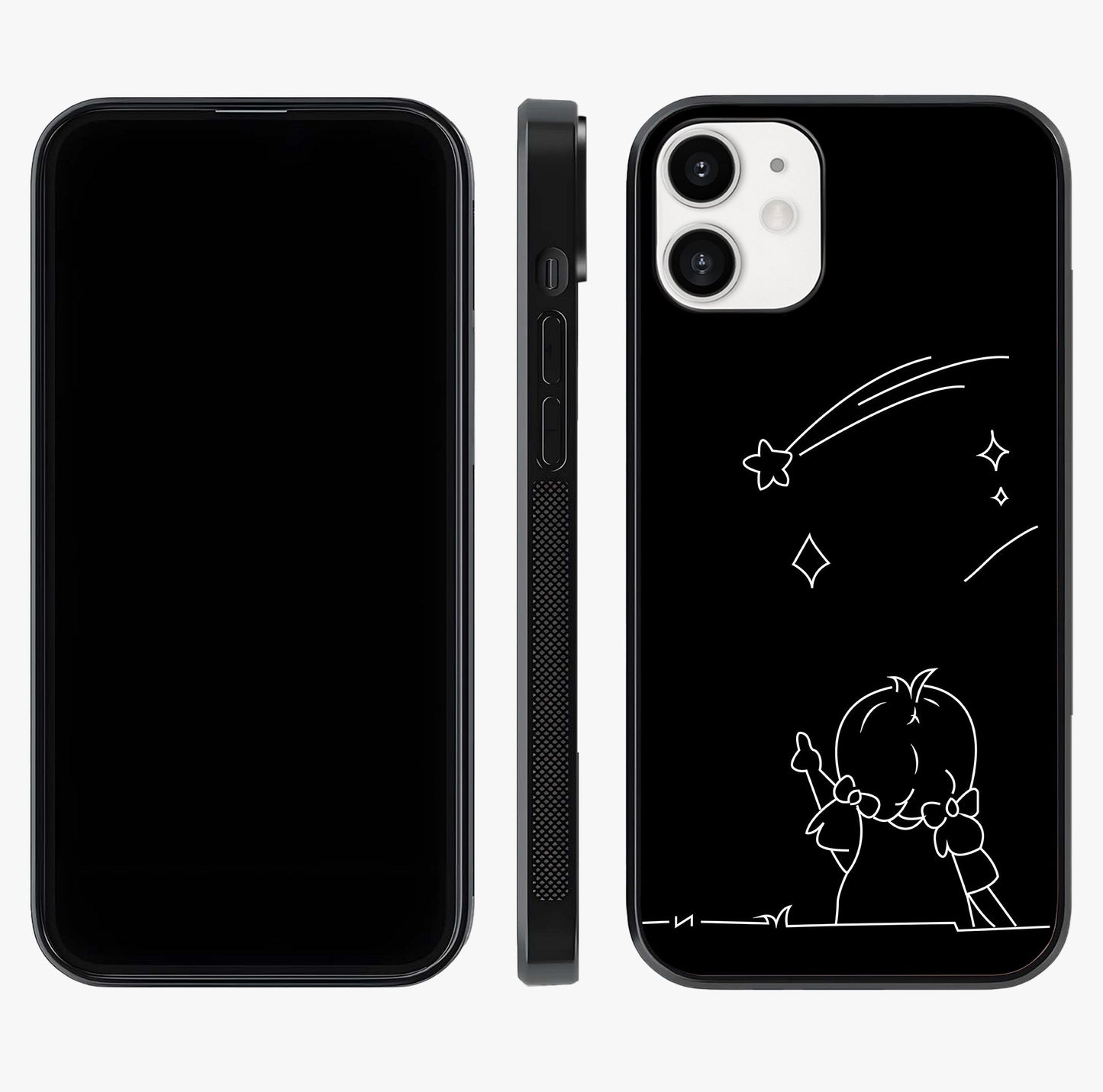 Line Art Girl With Shooting Stars Glass Case displayed upright for full design visibility and premium finish.