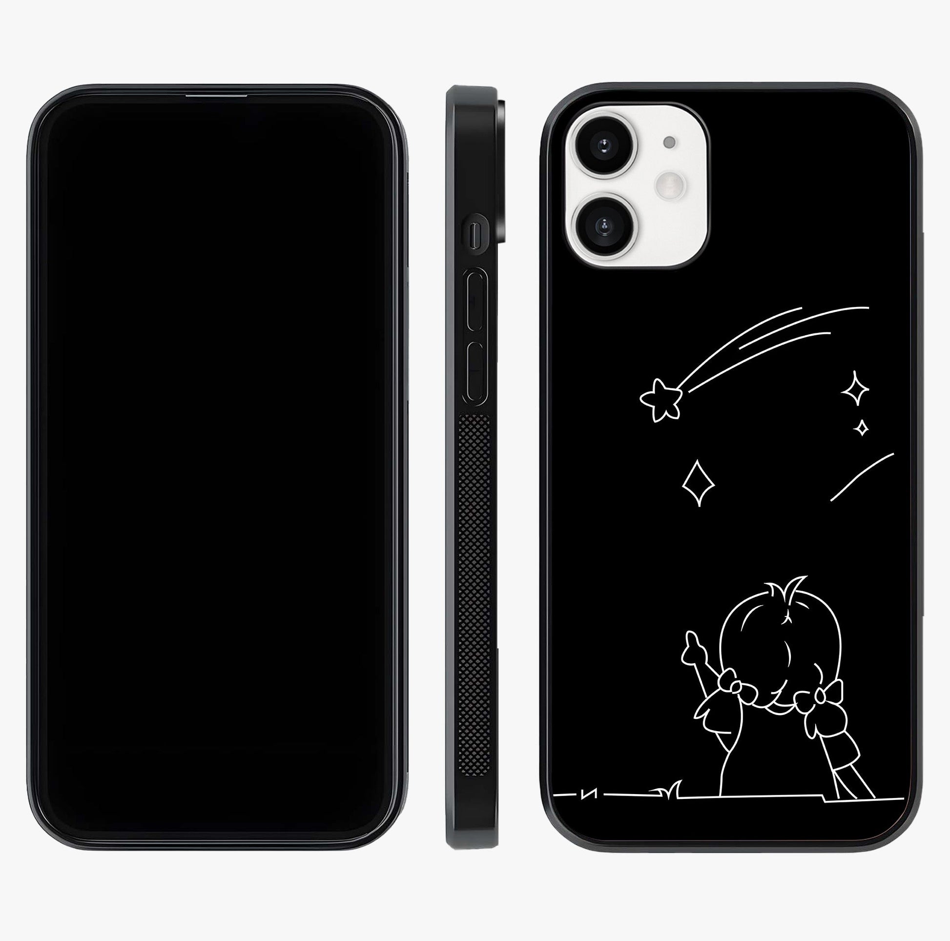 Line Art Girl With Shooting Stars Glass Case displayed upright for full design visibility and premium finish.