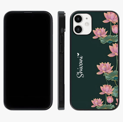 Lotus Bloom Serenity Custom Name Glass Case displayed upright for full design visibility and premium finish.