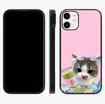 Love Matcha Cat Glass Case displayed upright for full design visibility and premium finish.