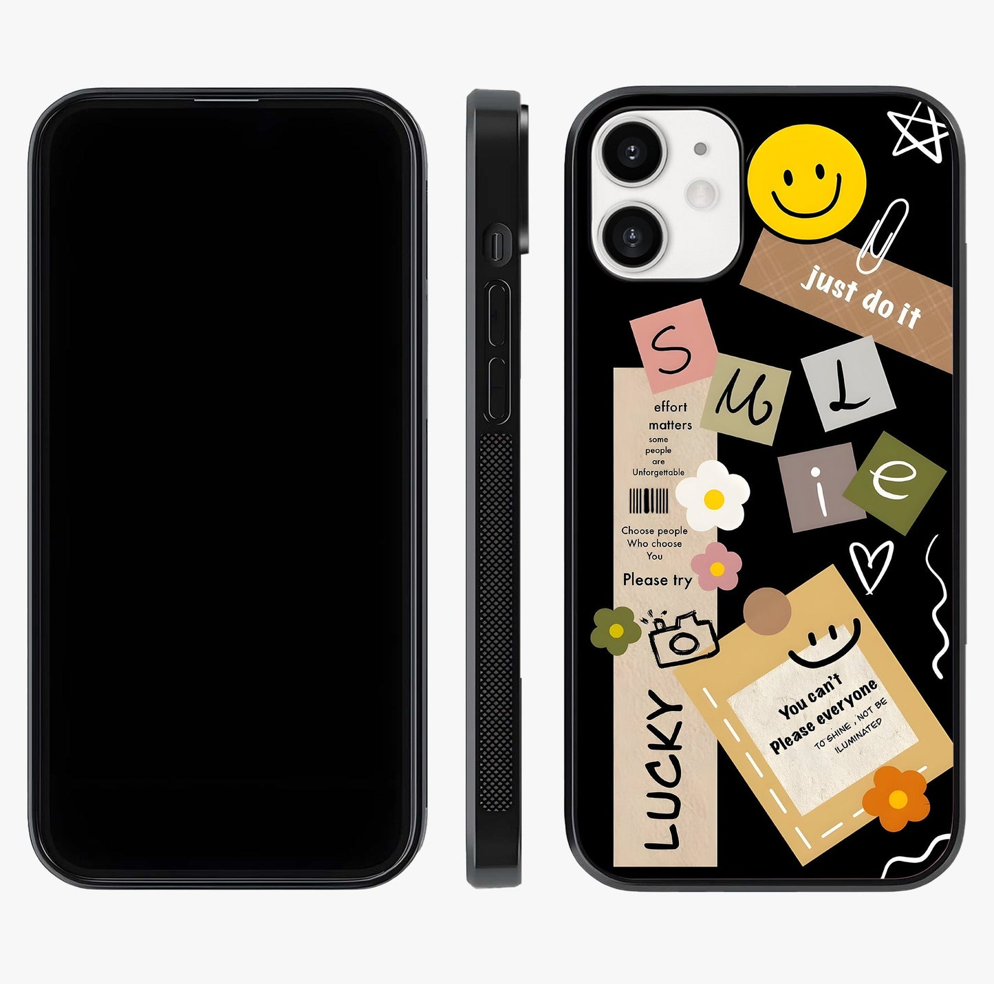 Lucky Aesthetic Collage Glass Case displayed upright for full design visibility and premium finish.