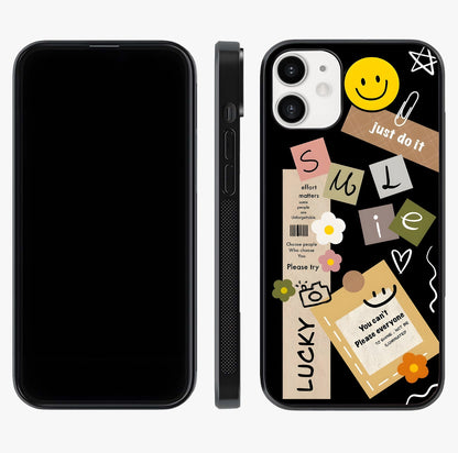 Lucky Aesthetic Collage Glass Case displayed upright for full design visibility and premium finish.