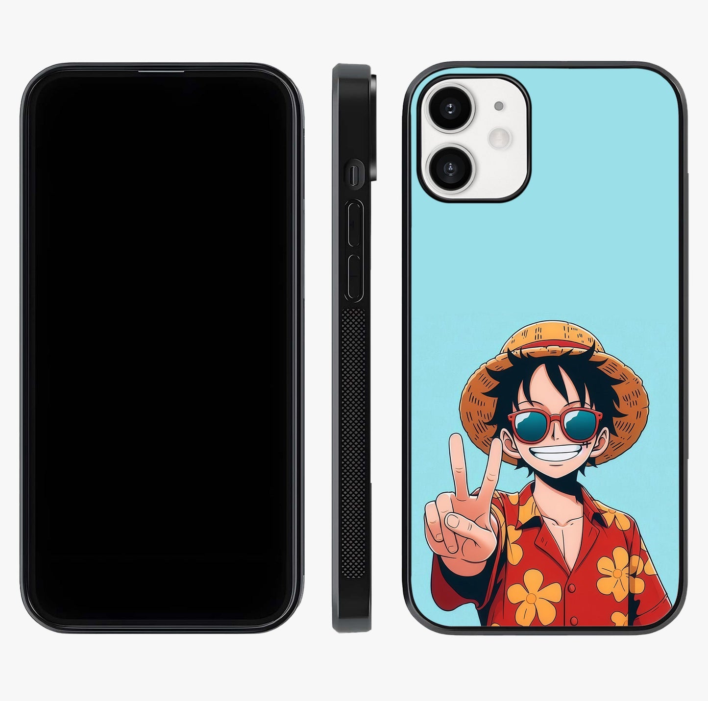 Luffy Summer Anime Vibe Glass Case displayed upright for full design visibility and premium finish.