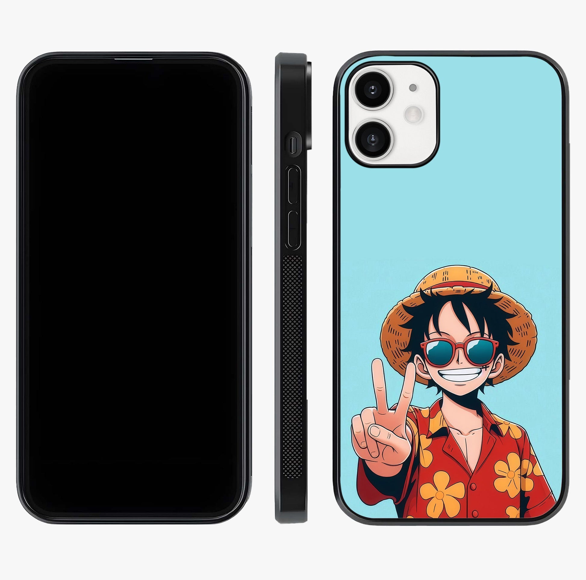 Luffy Summer Anime Vibe Glass Case displayed upright for full design visibility and premium finish.