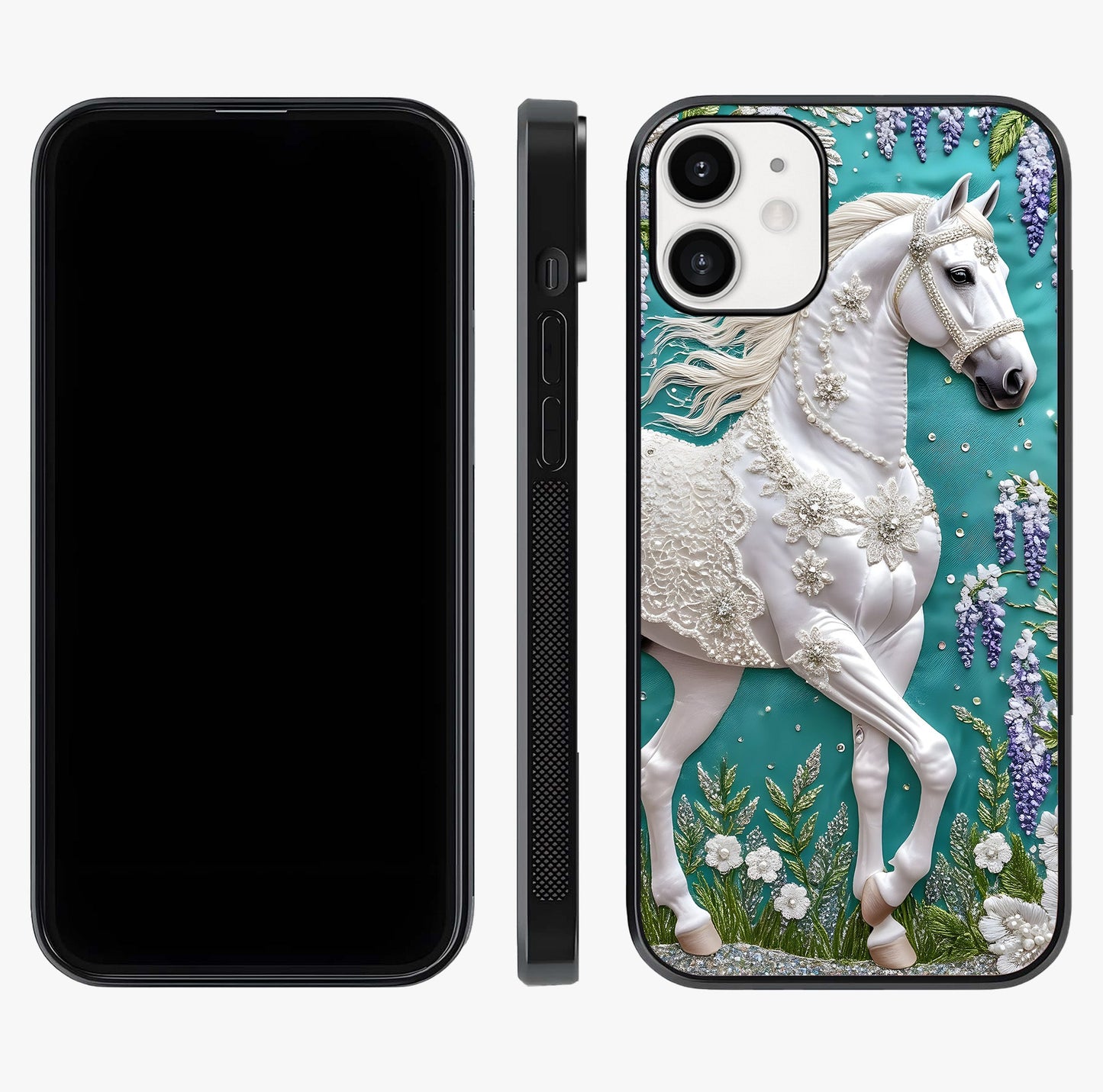 Majestic Floral Stallion Glass Case displayed upright for full design visibility and premium finish.