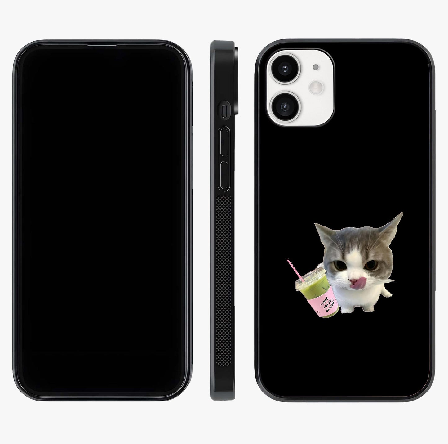 Matcha Cat Style Glass Case displayed upright for full design visibility and premium finish.