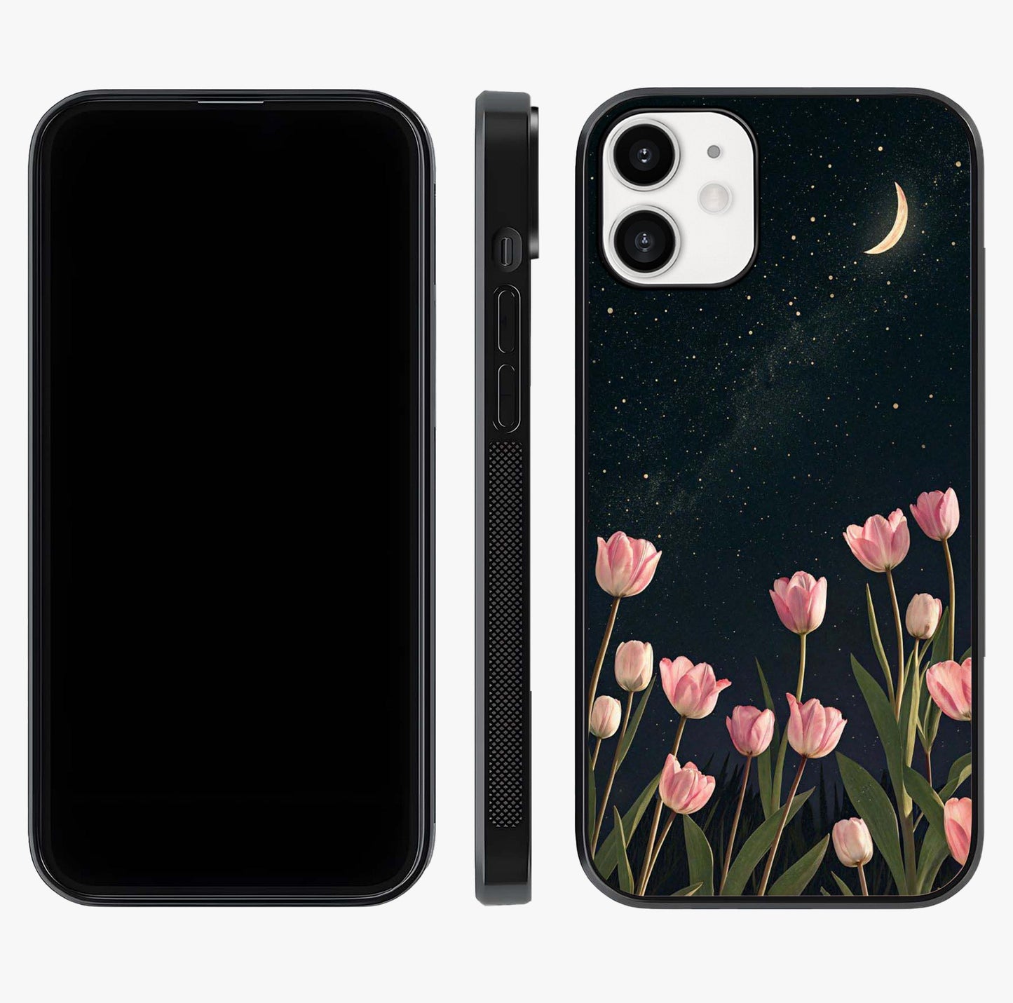Midnight Tulip Whispers Vibe Glass Case displayed upright for full design visibility and premium finish.