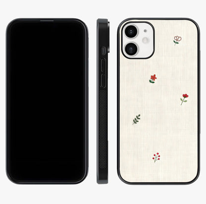 Minimal Petal Whispers Glass Case displayed upright for full design visibility and premium finish.