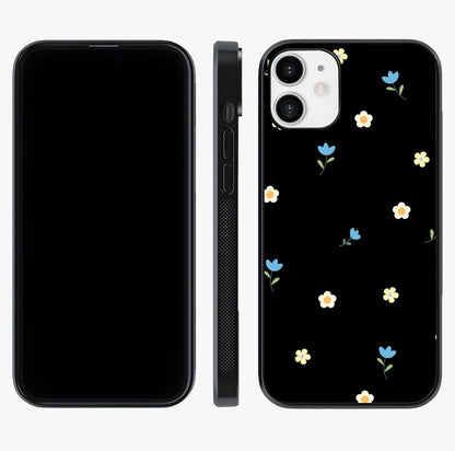 Minimalistic Blue With White Flower Pattern Glass Case displayed upright for full design visibility and premium finish.