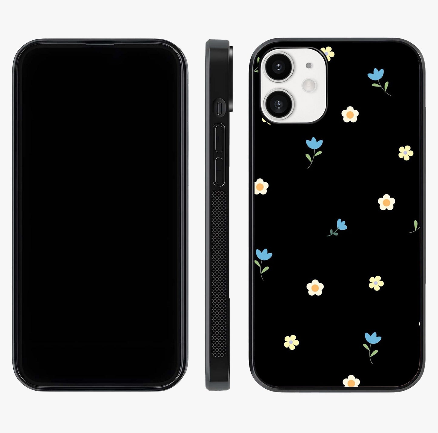 Minimalistic Blue With White Flower Pattern Glass Case displayed upright for full design visibility and premium finish.