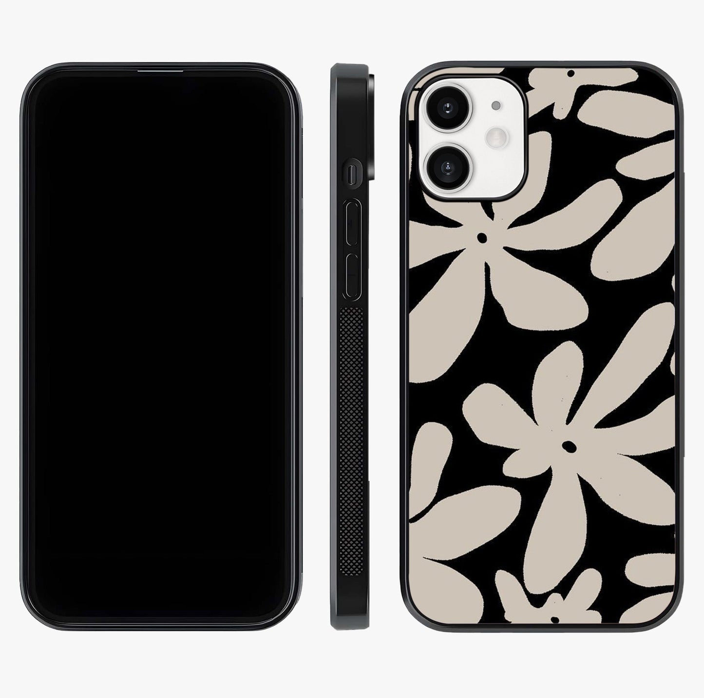 Monochrome Petal Dance Glass Case displayed upright for full design visibility and premium finish.