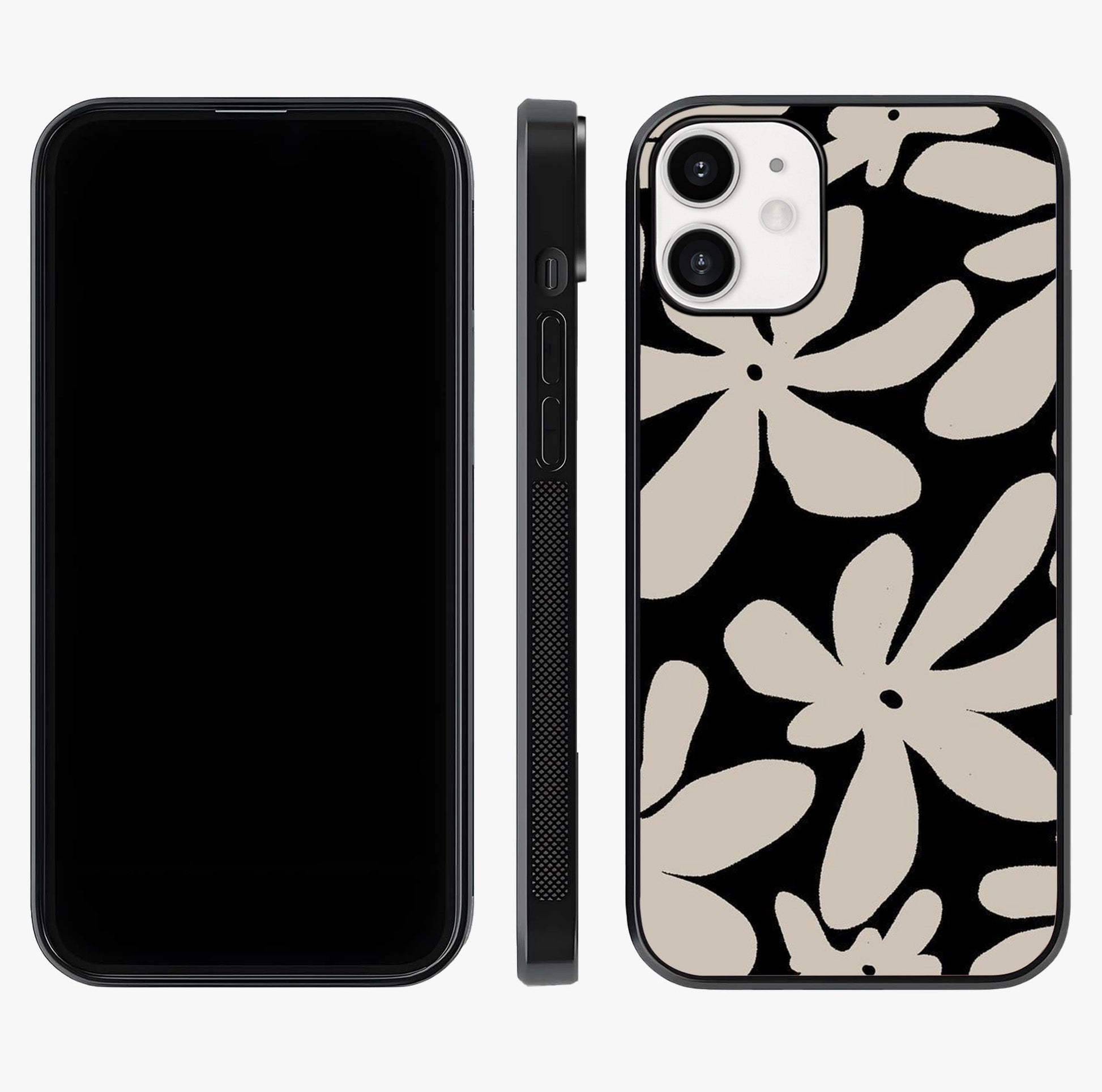 Monochrome Petal Dance Glass Case displayed upright for full design visibility and premium finish.