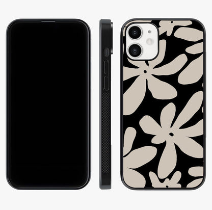 Monochrome Petal Dance Glass Case displayed upright for full design visibility and premium finish.