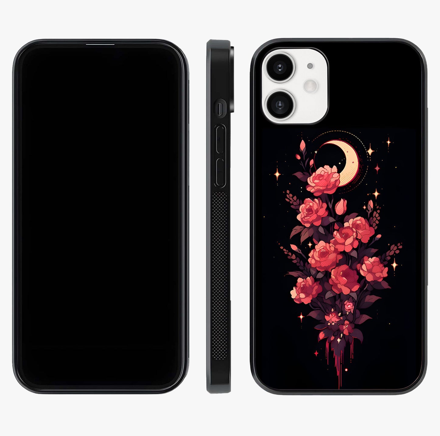 Moonlit Floral Elegance Glass Case displayed upright for full design visibility and premium finish.