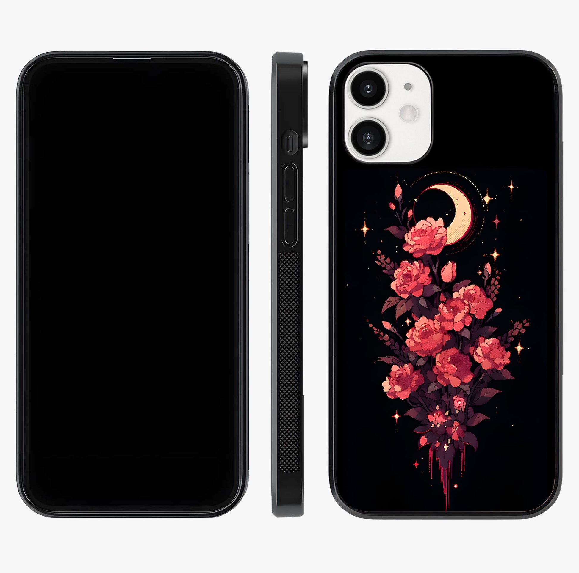 Moonlit Floral Elegance Glass Case displayed upright for full design visibility and premium finish.