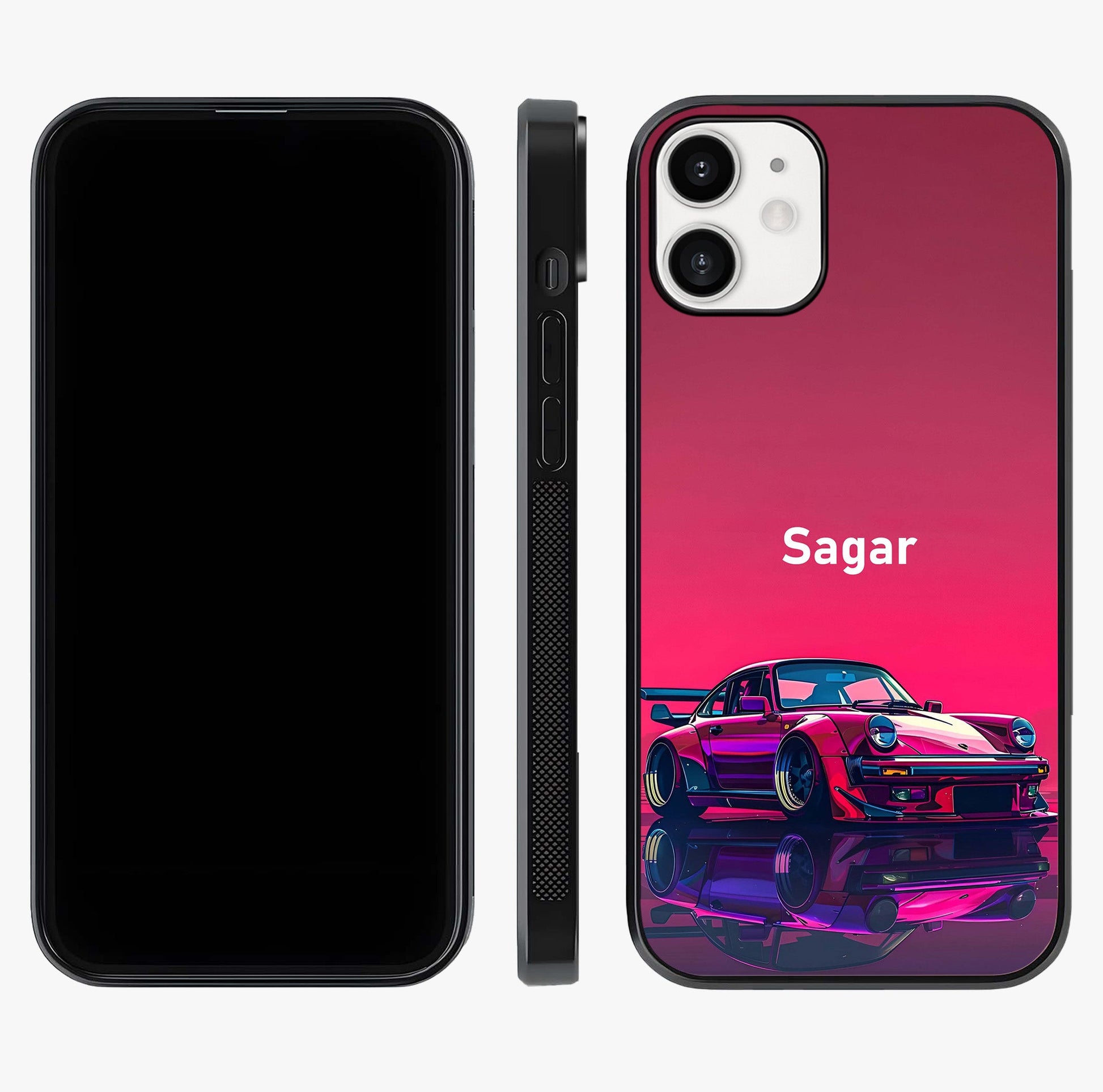 Neon Pink Porsche Glass Case displayed upright for full design visibility and premium finish.