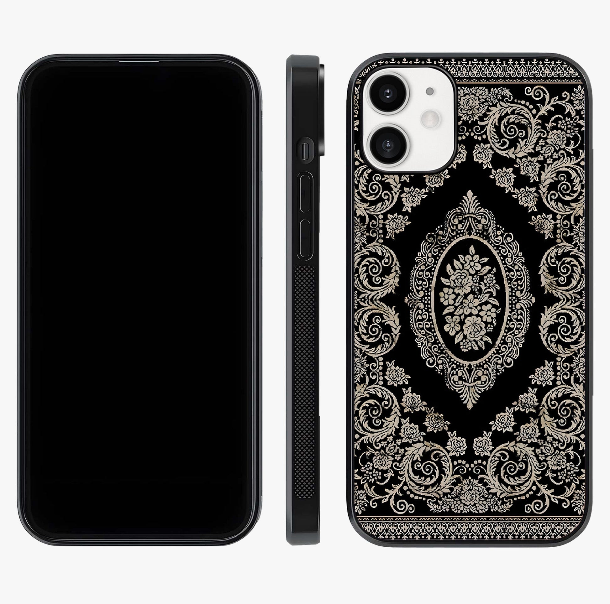 Noir Bloom Elegance Glass Case displayed upright for full design visibility and premium finish.
