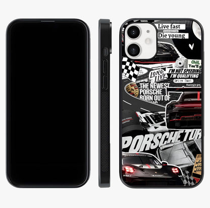 Porsche Racing Collage Glass Case displayed upright for full design visibility and premium finish.
