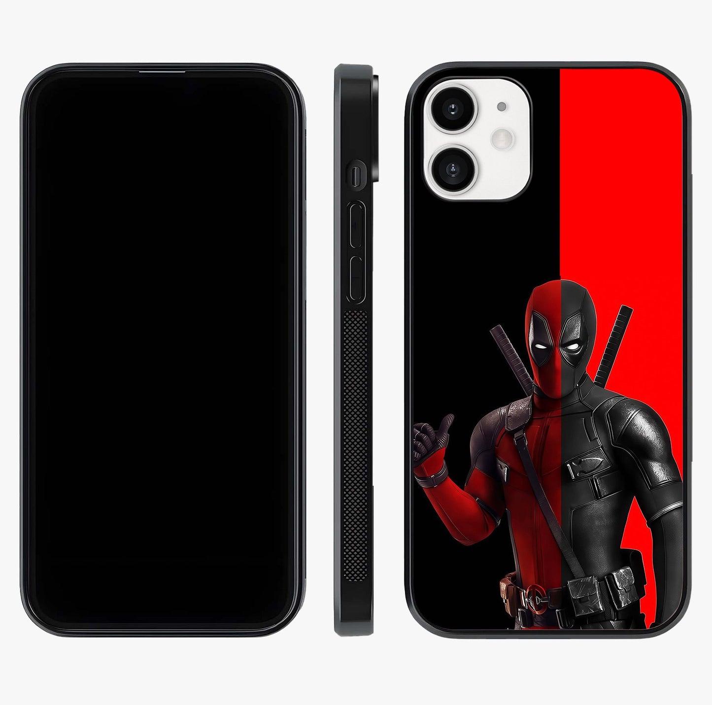Red & Black Deadpool Theme Glass Case displayed upright for full design visibility and premium finish.