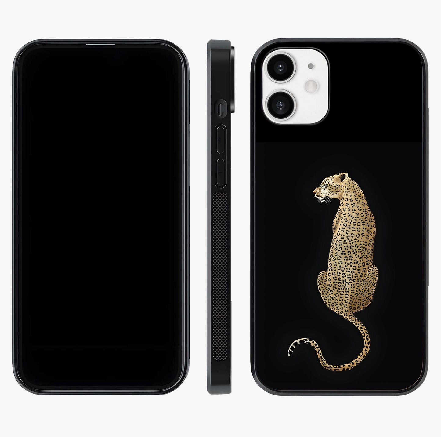 Regal Leopard Glass Case displayed upright for full design visibility and premium finish.