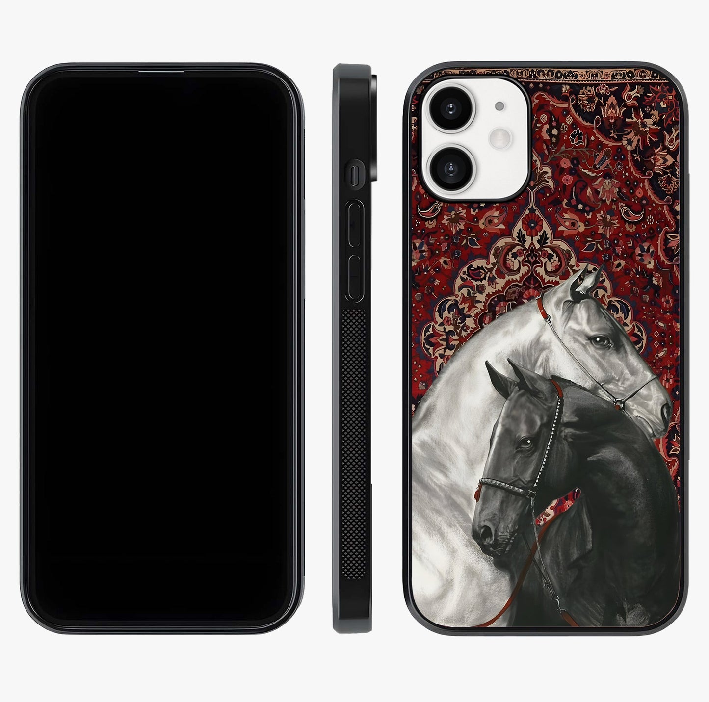 Regal Stallion Tapestry Glass Case displayed upright for full design visibility and premium finish.