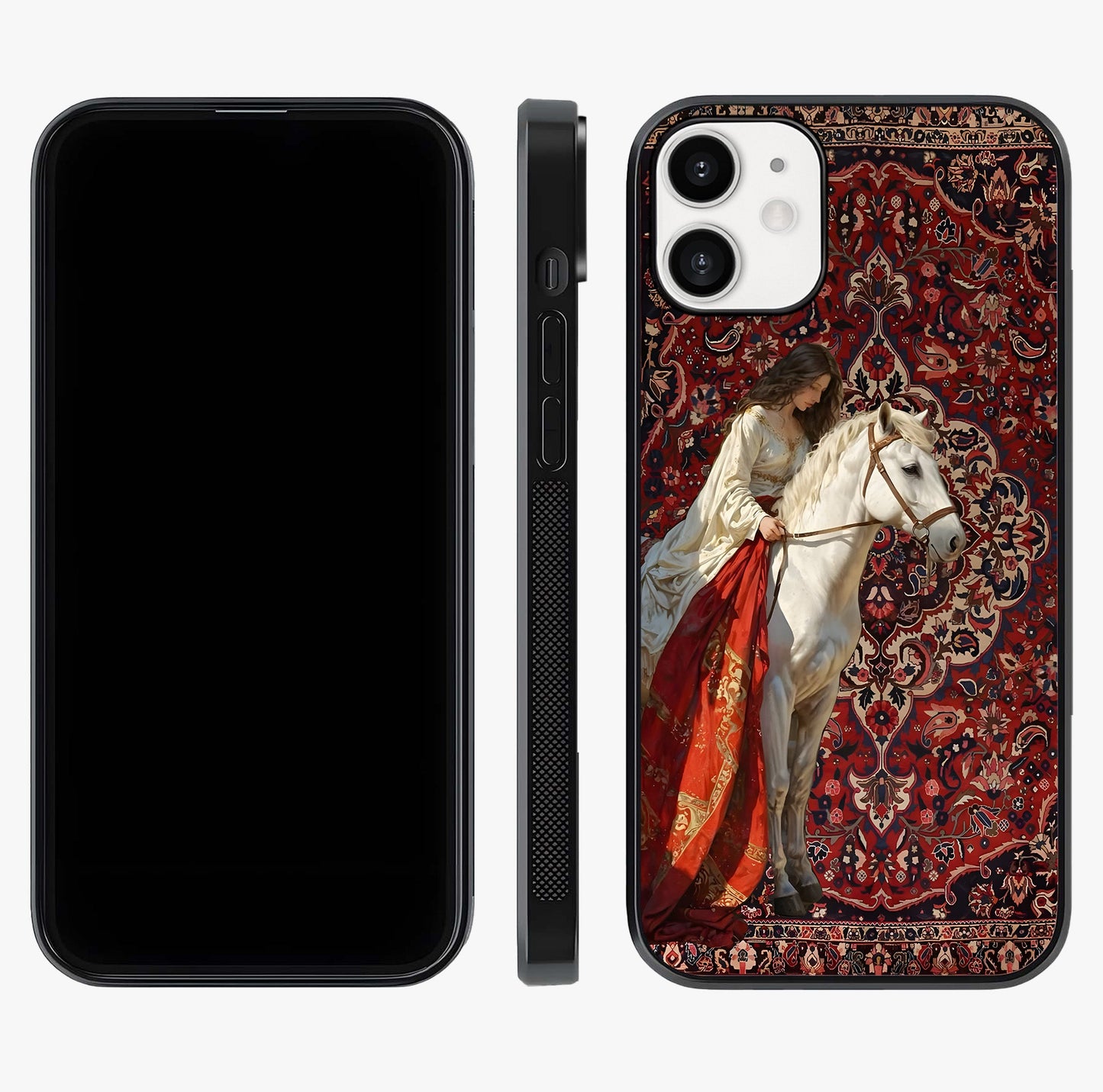 Royal Rider Tapestry Glass Case displayed upright for full design visibility and premium finish.