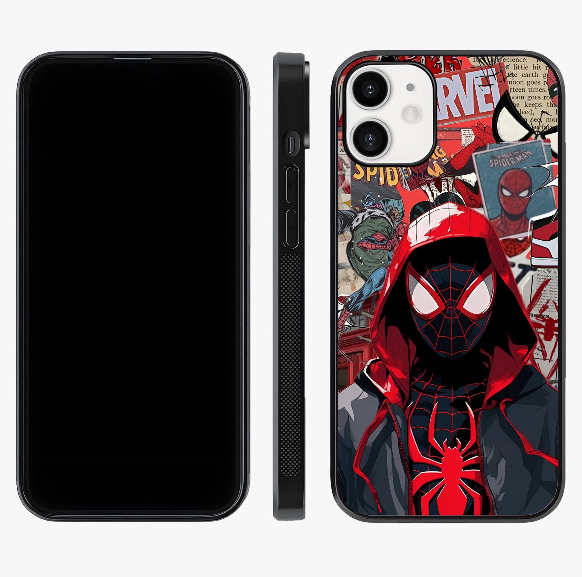 Spider Collage Street Glass Case displayed upright for full design visibility and premium finish.