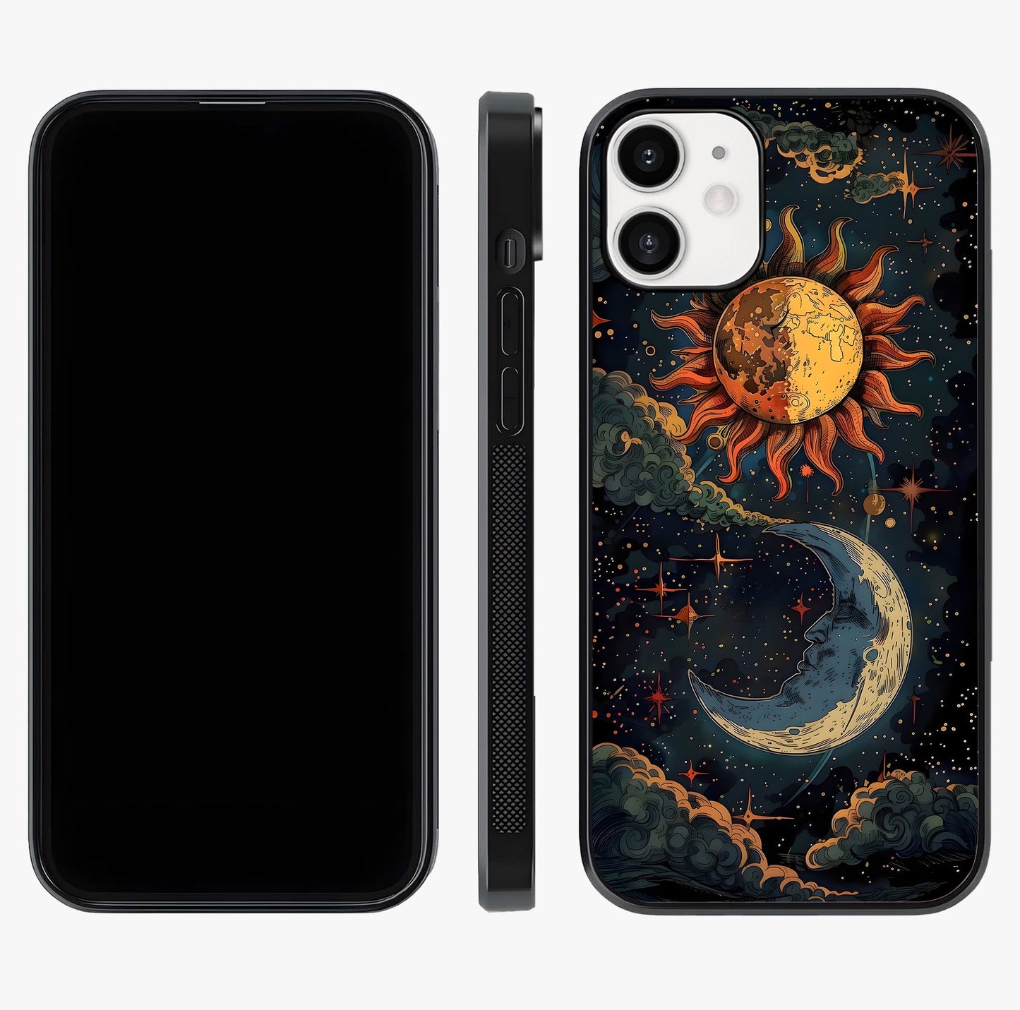 Sun And Moon Magic Design Glass Case displayed upright for full design visibility and premium finish.