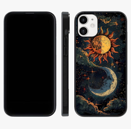 Sun And Moon Magic Design Glass Case displayed upright for full design visibility and premium finish.