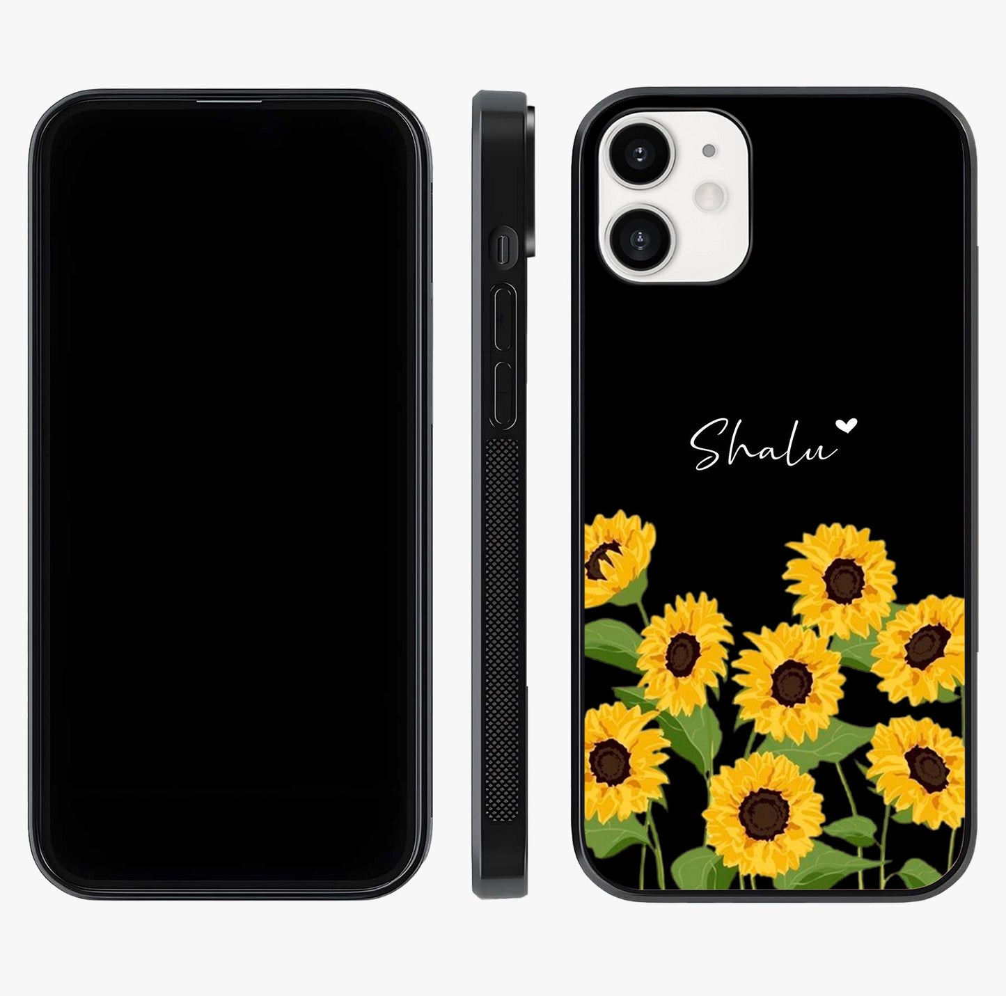 Sunflower Chic Mood Custom Name Glass Case displayed upright for full design visibility and premium finish.