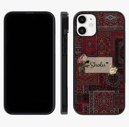 Velvet Wine Pattern Custom Name Glass Case displayed upright for full design visibility and premium finish.