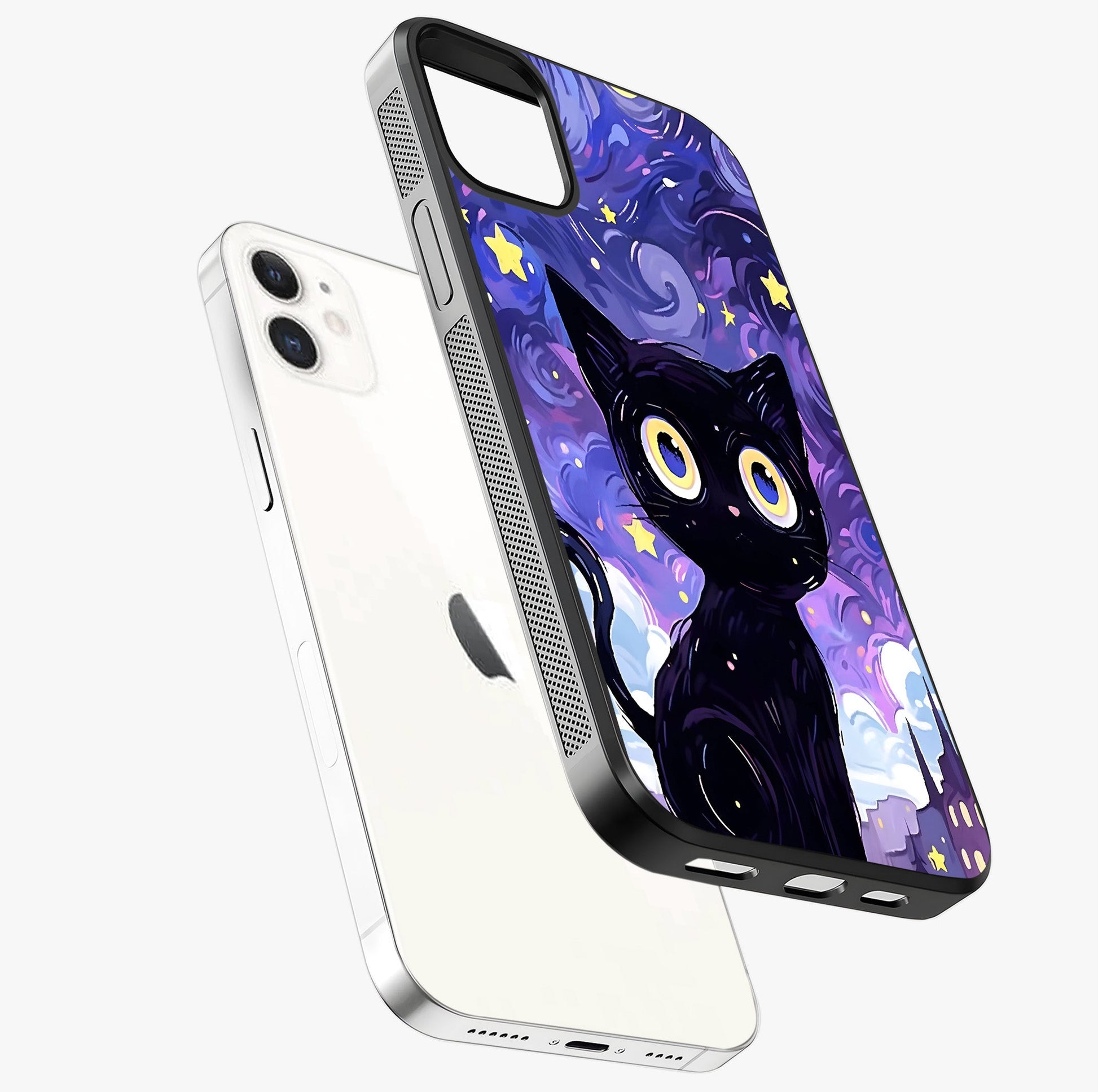Abstract Cat Art Glass Case laid diagonally highlighting side profile, edges and glossy glass shine.