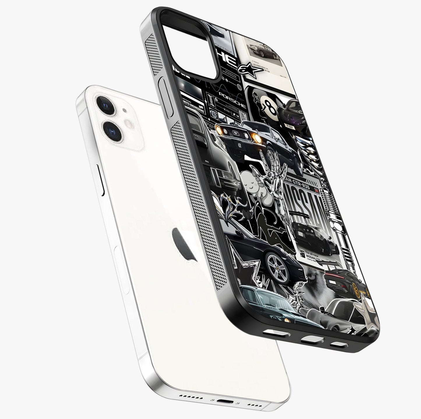 Aesthetic Dark Love Glass Case laid diagonally highlighting side profile, edges and glossy glass shine.